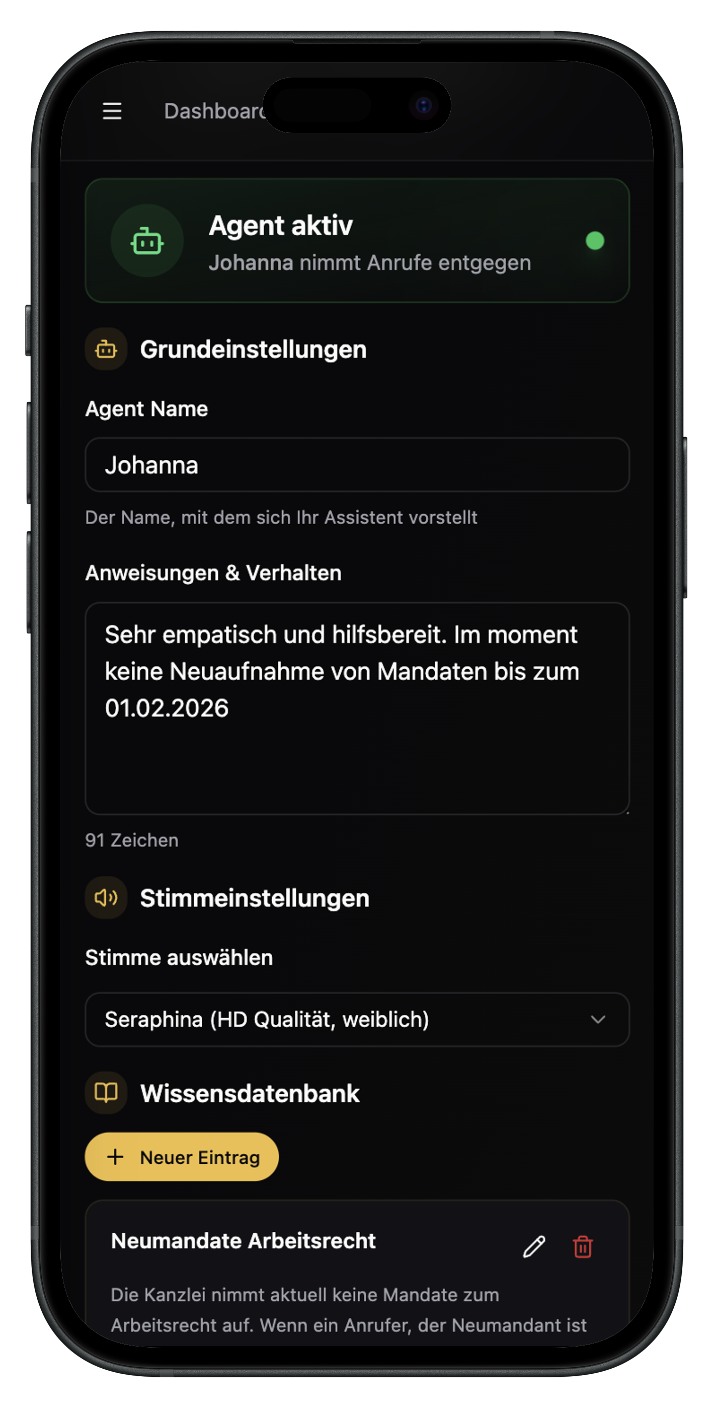 LexDial KI-Agent Konfiguration Mobile App für Anwaltskanzleien