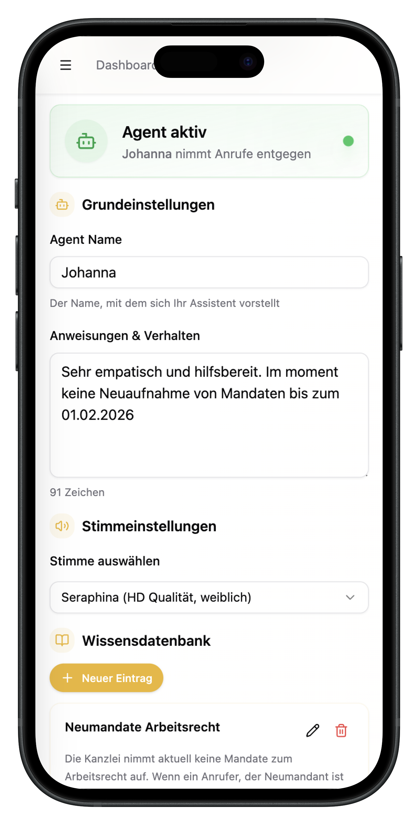 LexDial KI-Agent Konfiguration Mobile App für Anwaltskanzleien