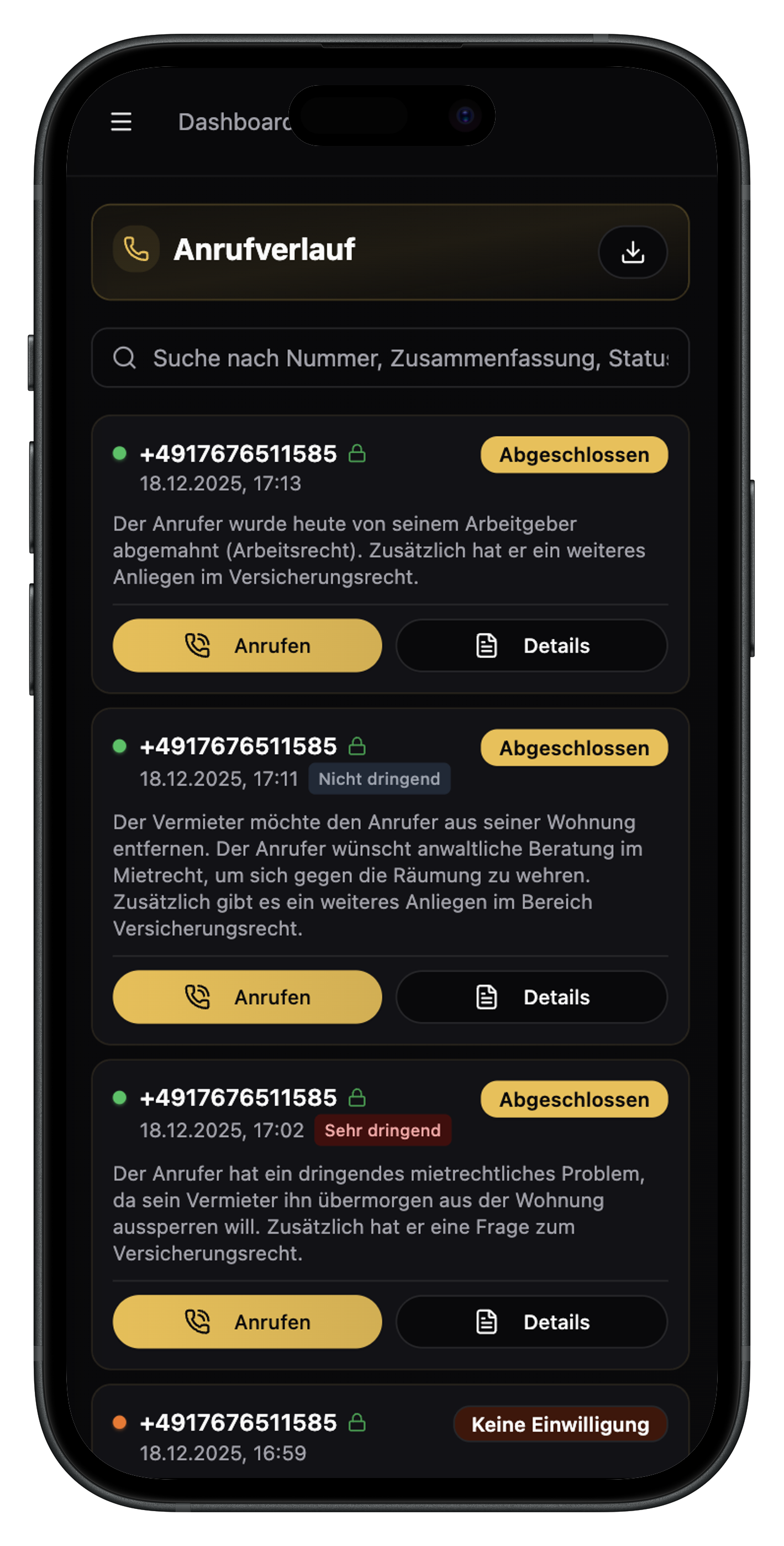 LexDial Anrufverwaltung Mobile App mit KI-Transkripten für Anwaltskanzleien