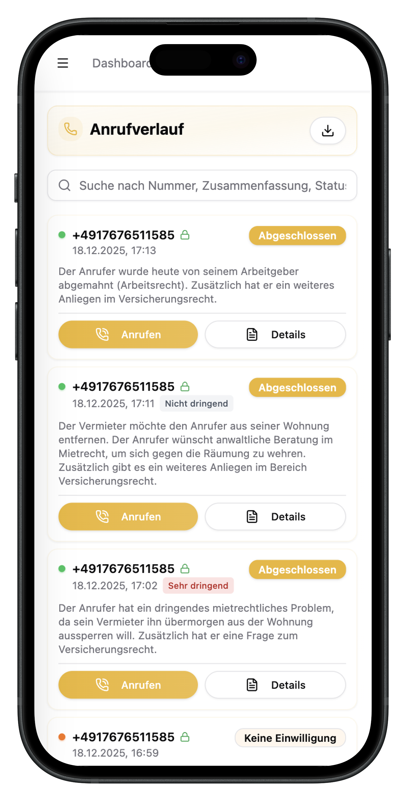LexDial Anrufverwaltung Mobile App mit KI-Transkripten für Anwaltskanzleien