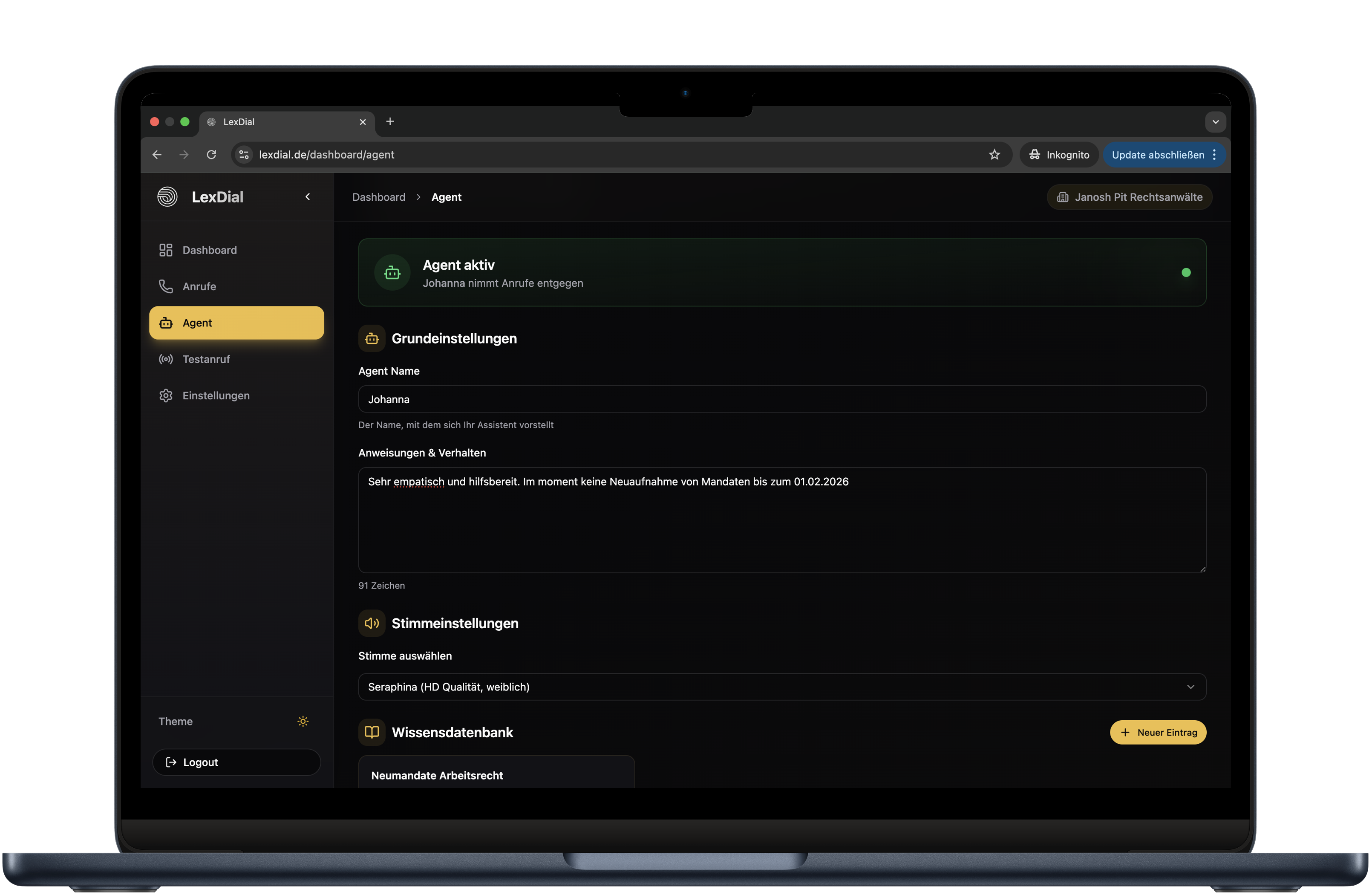 LexDial KI-Agent Konfiguration - Individuelle Stimmen und Gesprächslogik für Kanzleien