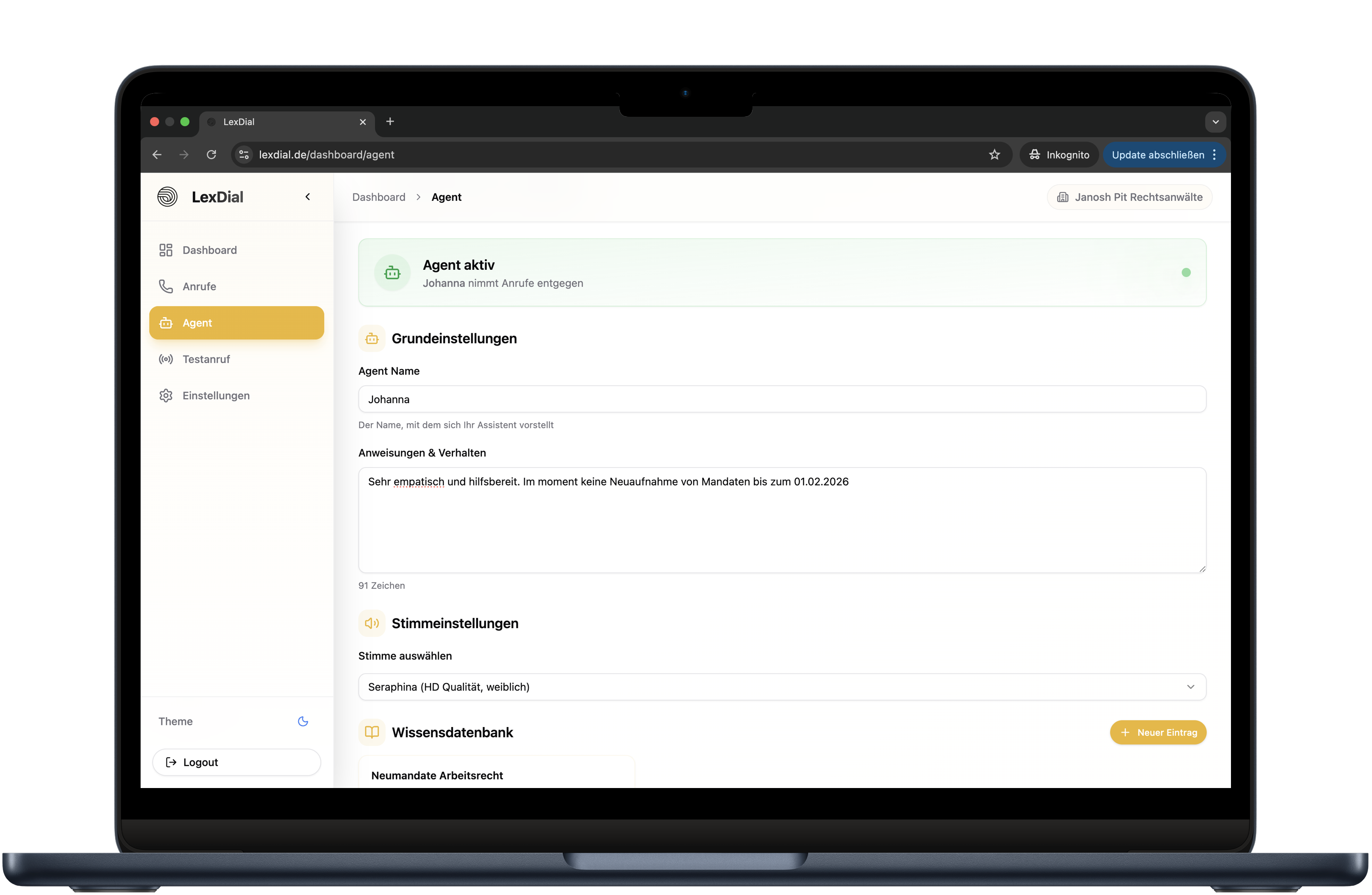 LexDial KI-Agent Konfiguration - Individuelle Stimmen und Gesprächslogik für Kanzleien