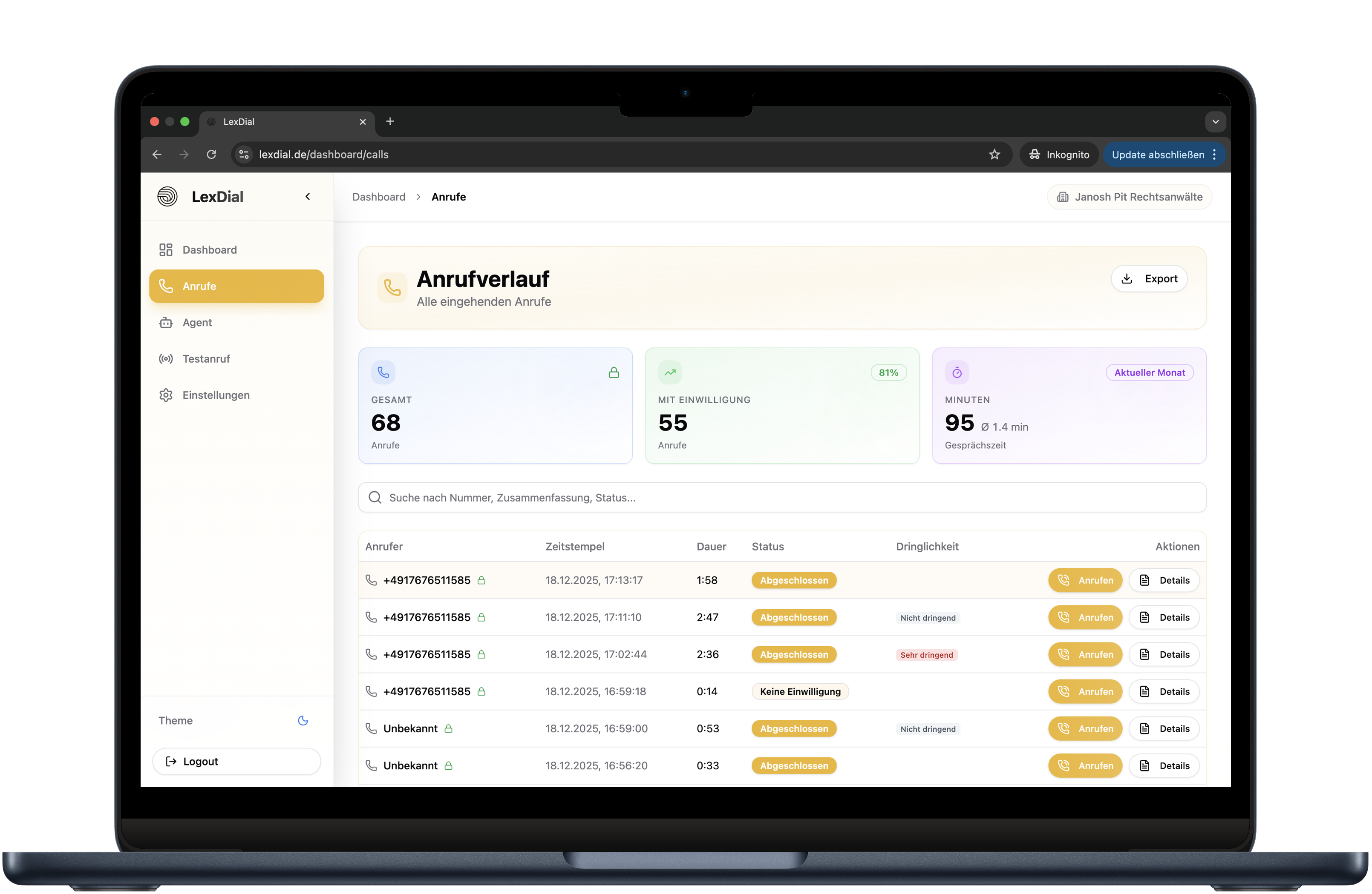 LexDial Anrufverwaltung mit KI-Transkripten und automatischer Zusammenfassung für Kanzleien