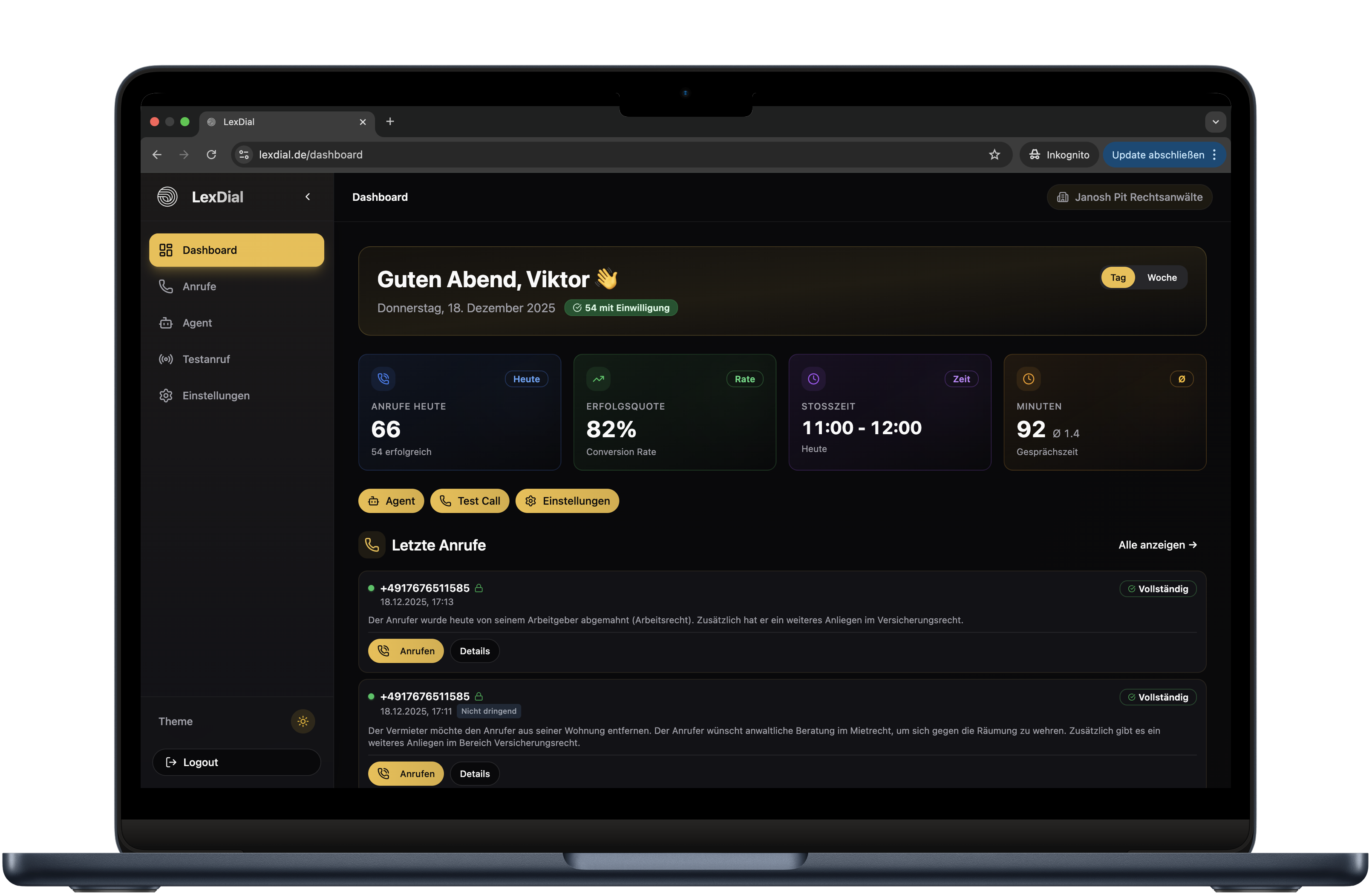 LexDial KI-Telefonassistent Dashboard für Kanzleien - Anrufverwaltung und Mandantenbetreuung